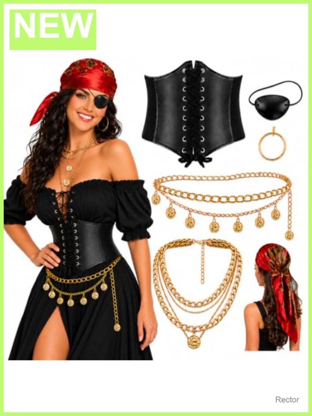 Pirate Costume Accessories Set 6PCS Satin Scarf Corset Waist Chain Necklace